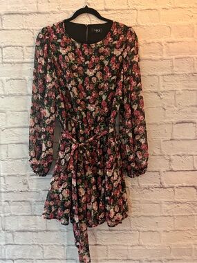 VICI Black Floral Long-Sleeve Mini Dress with Pink Roses